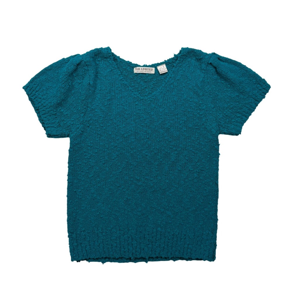 Vintage 80s D.H. Limited Teal Textured Puff Sleeve Sweater Top Small